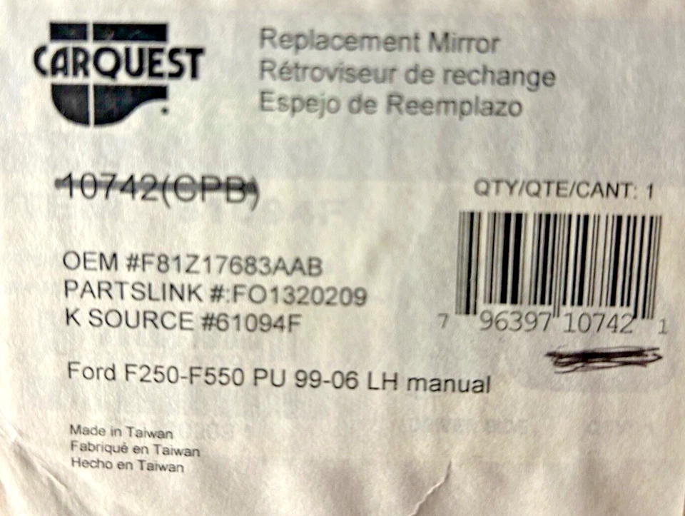 Carquest Replacement Left Side Mirror 99-06 F250-F550 10742 (CPB) OEM #F81Z17683 - Image 3 of 3