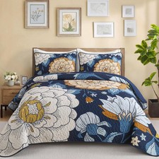 Navy Floral Quilt Set Queen Size Boho Bedspread Coverlet Set, 3 Piece Botanic...