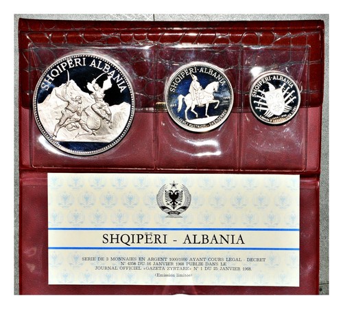 1970 Albania 3pc .999 Silver Proof Set in OGP 25 Leke, 10 Leke and 5 Leke