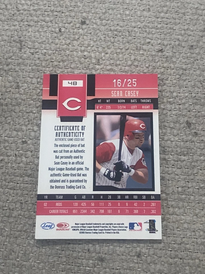 Sean Casey 2003 Leaf Certified Mirror Gold Bat #48 16/25 - Image 2 of 2