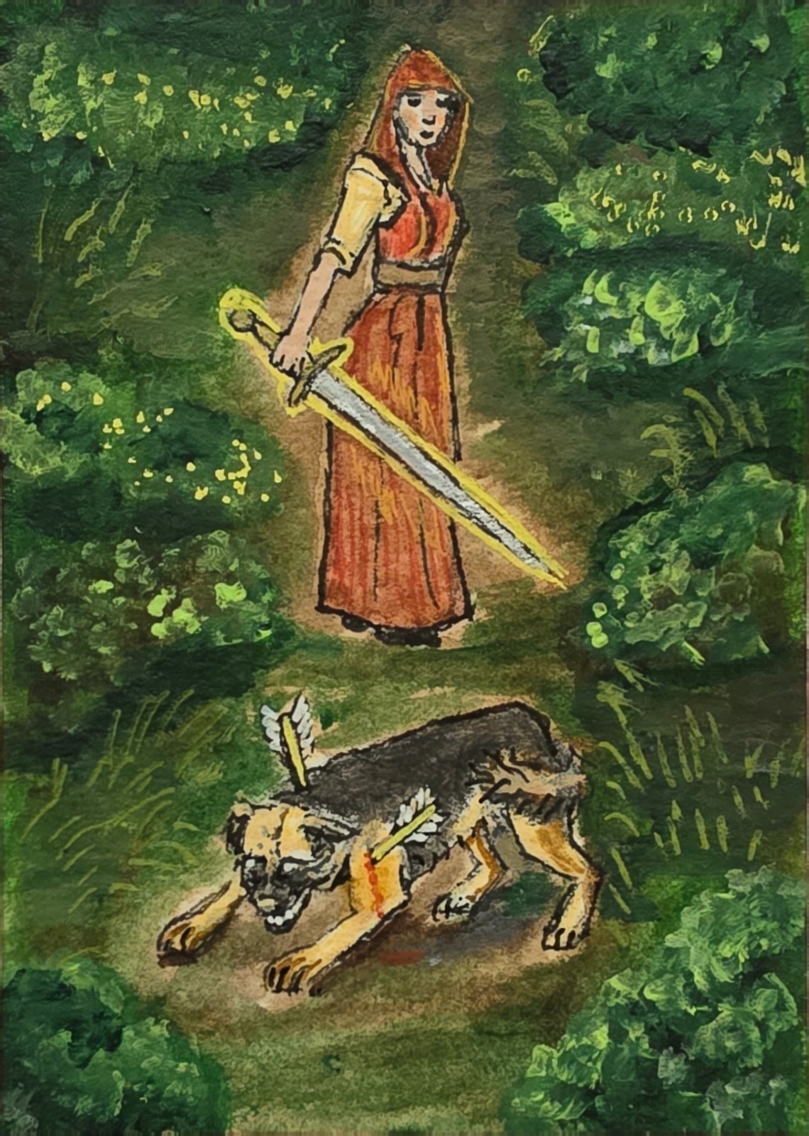 ACEO Original Fantasy Illustration Woman Sword & Dog in Forest Fairytale  Animal
