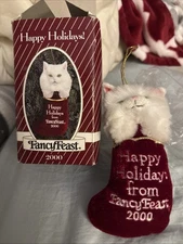 Fancy Feast 2000 Cat Ornament   Christmas Plush White Red Stocking Friskies 