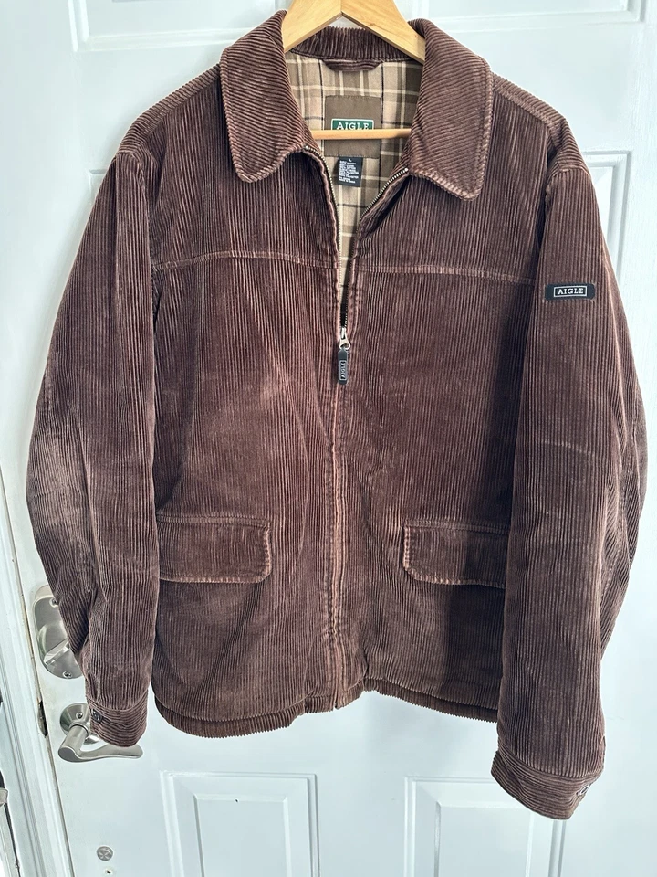 Chaqueta AIGLE Para Hombres L Marrón de Alta Resistencia Pana Campo/Rancho Forrada en Franela Usada en Excelente Condición Leer Foto 4 de 4