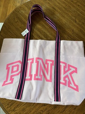 PINK Women s Pink Logo Tote Bag with Double Handles, Pink/Black Straps