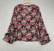 Nicole by Nicole Miller Blouse Womens 6 Brown Pink Floral Peplum Bell Sleeve