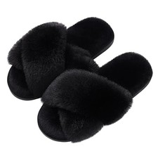Women's Fuzzy Slippers Cross Band Memory Foam House Slippers Open Toe 7-8 Black
