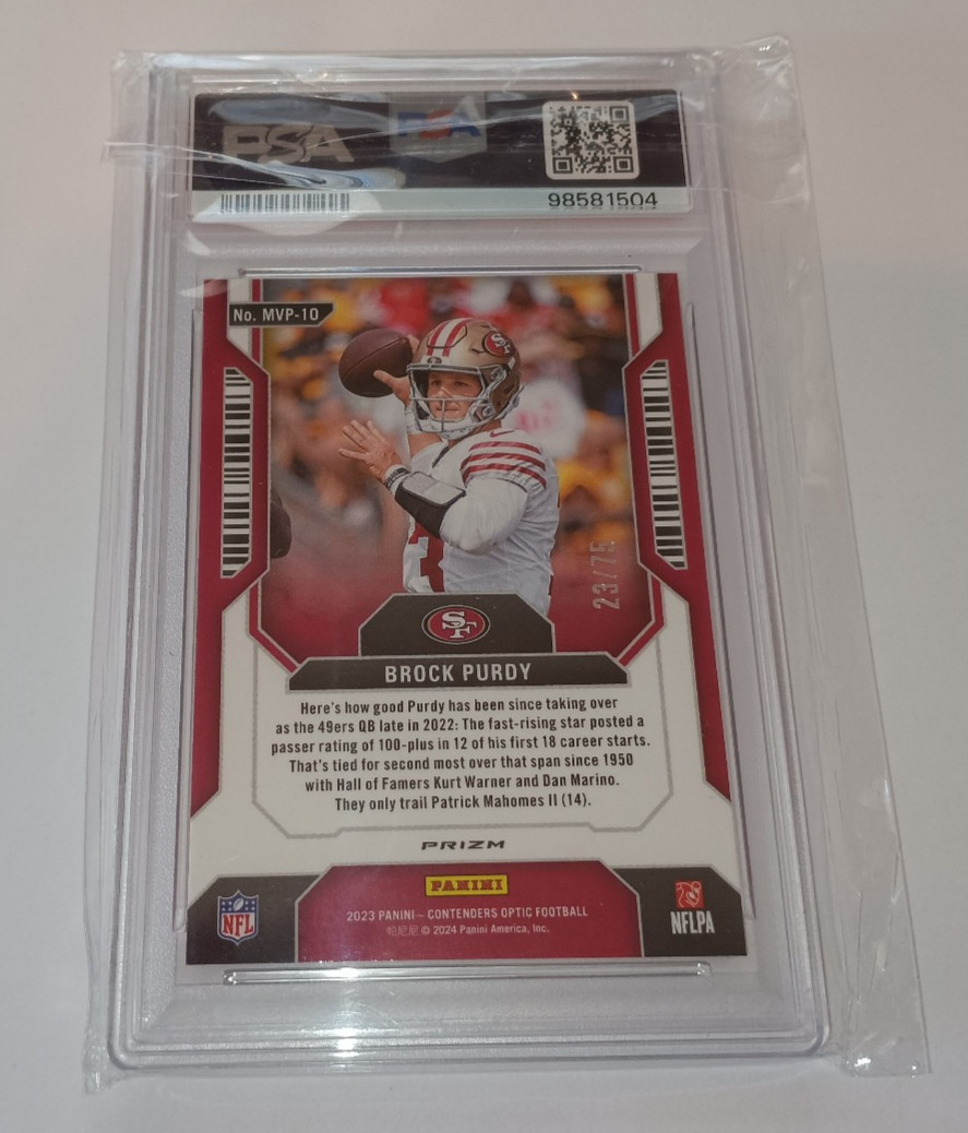 2023 Brock Purdy MVP Contenders Optic Pink 23/75 PSA 9 San Francisco 49ers view 2
