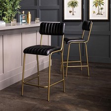 Diner Bar Stool Black Real Leather Seat Antique Brass Metal Frame 75cm Pack Of 2