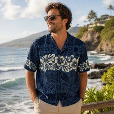 Hawaiian Togs Vintage Blue Floral Short Sleeve Shirt Medium