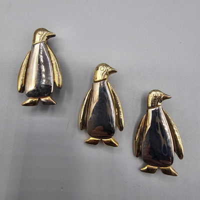 Penguin Brooch Trio (3) Pins Two Tone Metal Modernist Bird Scatter
