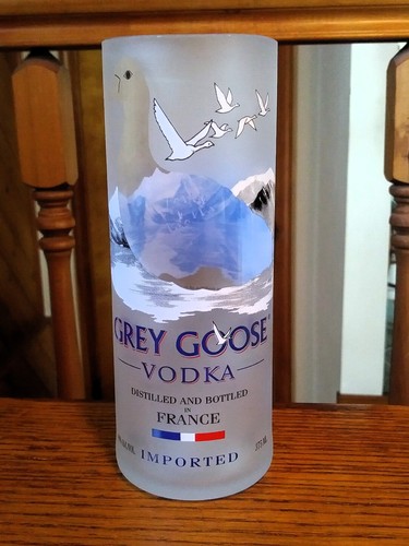 GREY GOOSE; ACL VODKA BOTTLE; MADE INTO A DRINKING GLASS; (Up-cycled); 375ML.
