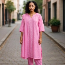 Women's Pink  White 3pc Embroidered Lined Indian Kurta, Pant  Dupatta Set Sz L