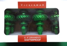 VICKERMAN Shatterproof EMERALD Green FINIAL Ornaments, Box of 8. ASSORTMENT 4"