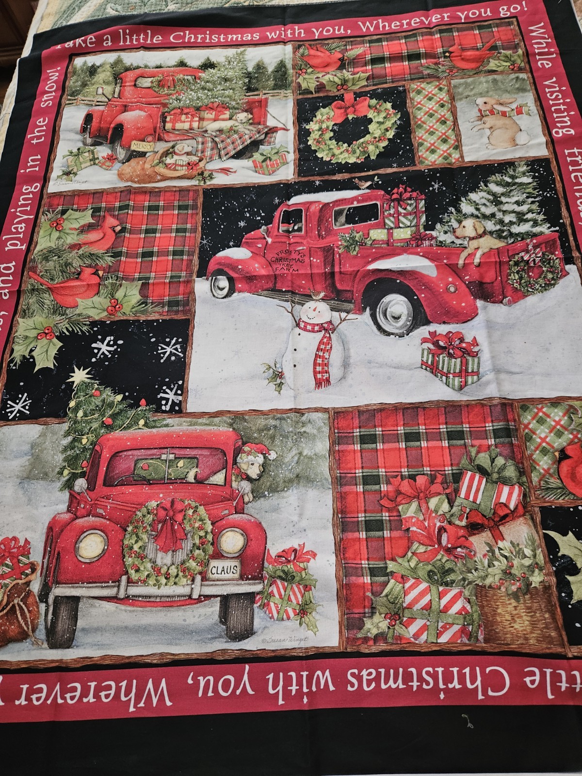 Susan Winget Red Truck Collage Christmas Fabric  Panel Cotton Fabric 44" X 36"