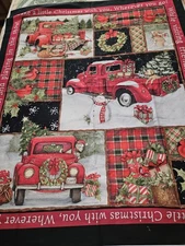 Susan Winget Red Truck Collage Christmas Fabric  Panel Cotton Fabric 44" X 36"