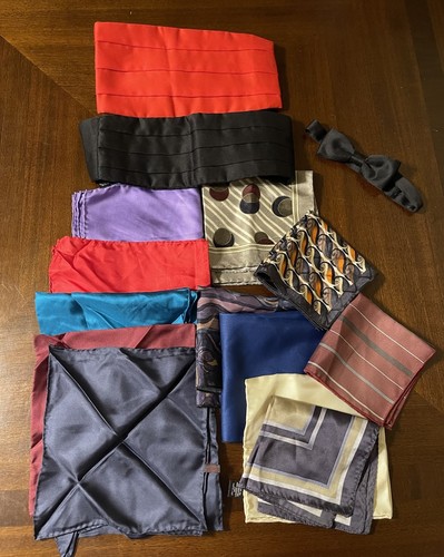 15 Piece Lot Men’s Accessories Handkerchiefs, Pocket Squares Cummerbunds Bow Tie