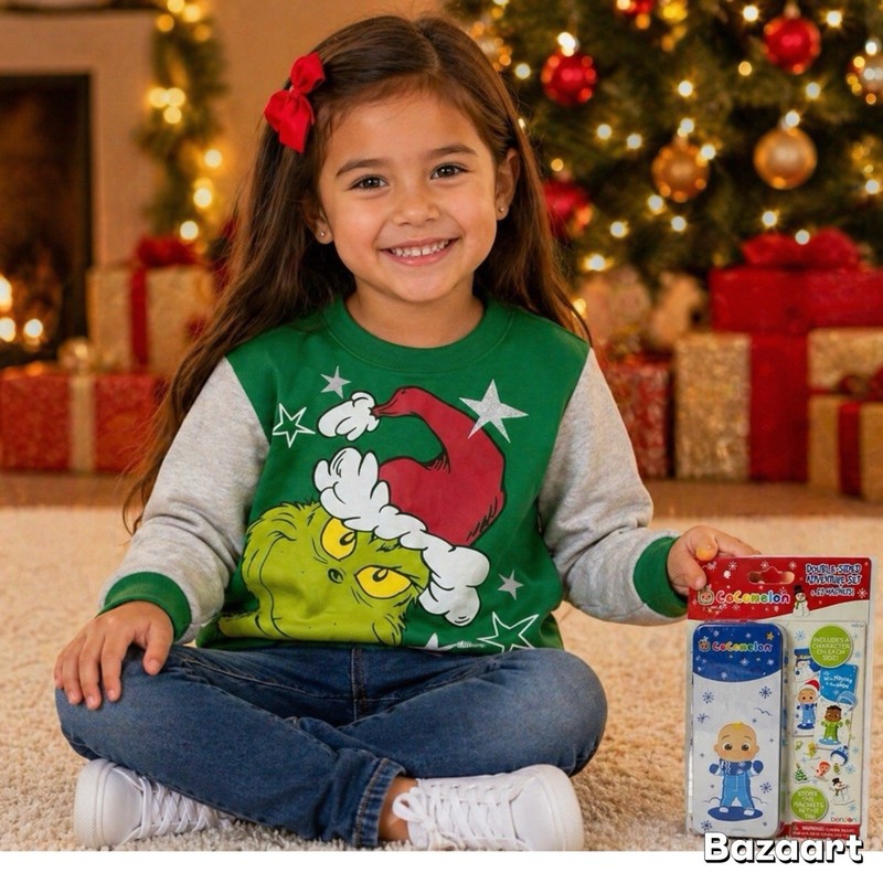 2 pc Sz L Grinch Who Stole Christmas Sweatshirt Dr. Seuss Cocomelon Magnet Dolls