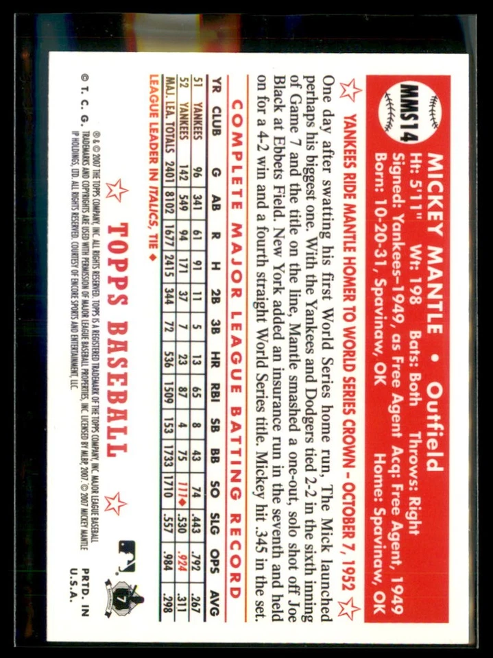 2007 Topps Mickey Mantle Yankees MMS14 - Image 2 of 2