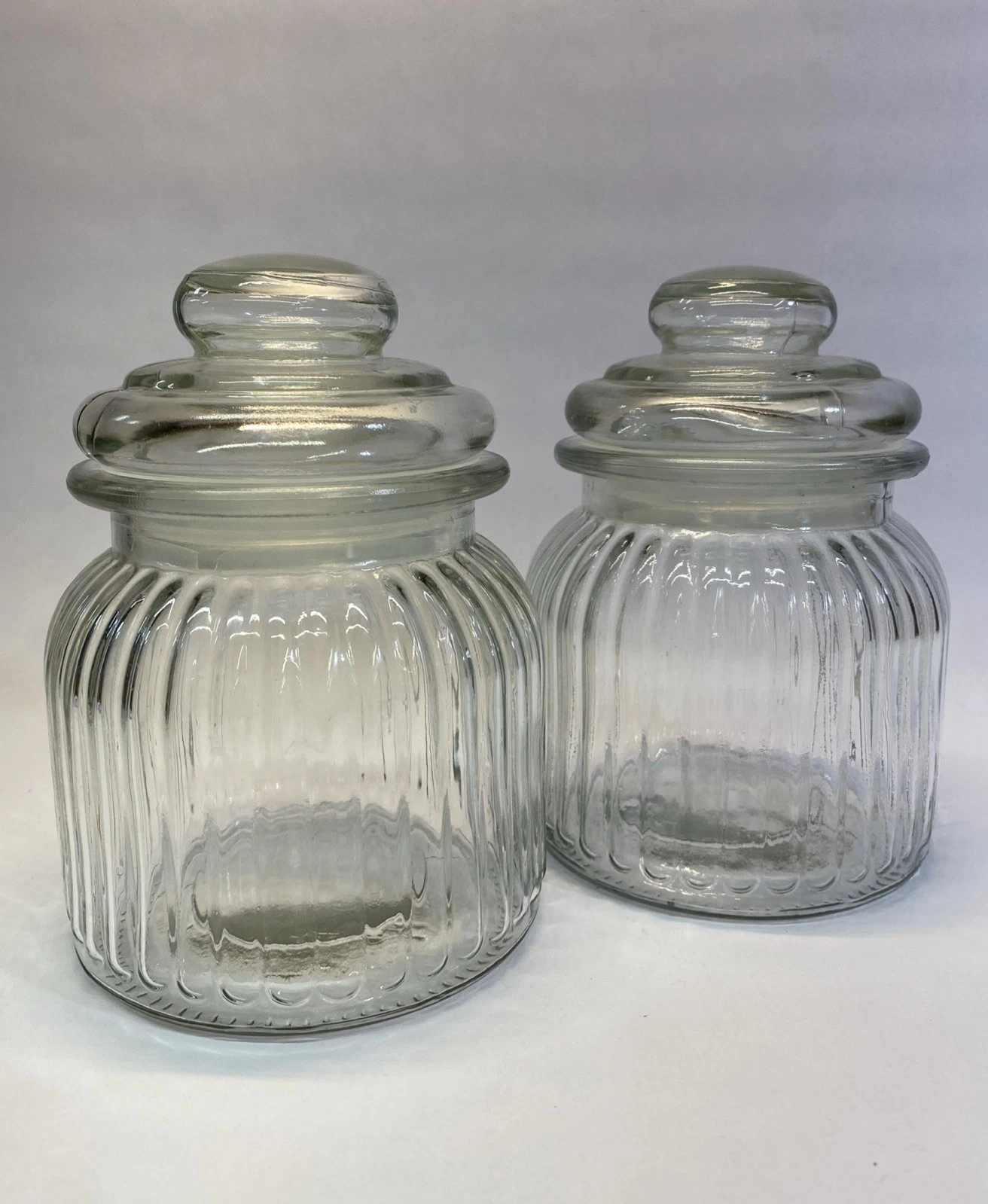 2 GREENBRIER INTERNATIONAL CLEAR RIBBED GLASS JAR CONTAINERS AIR TIGHT