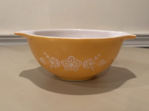 Vtg 442 Pyrex 1.5 qt Baking SERVING BOWL Dish Orange/Gold BUTTERFLY Cinderella