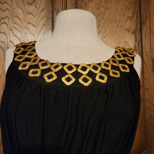 Black Sleeveless Midi Dress With Gold Geometric Embellished Neckline & Gathered - Picture 3 of 7