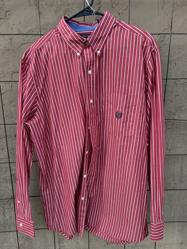 Chaps Shirt Mens Large Red Blue White Striped Long Sleeve Button Down Easy Care