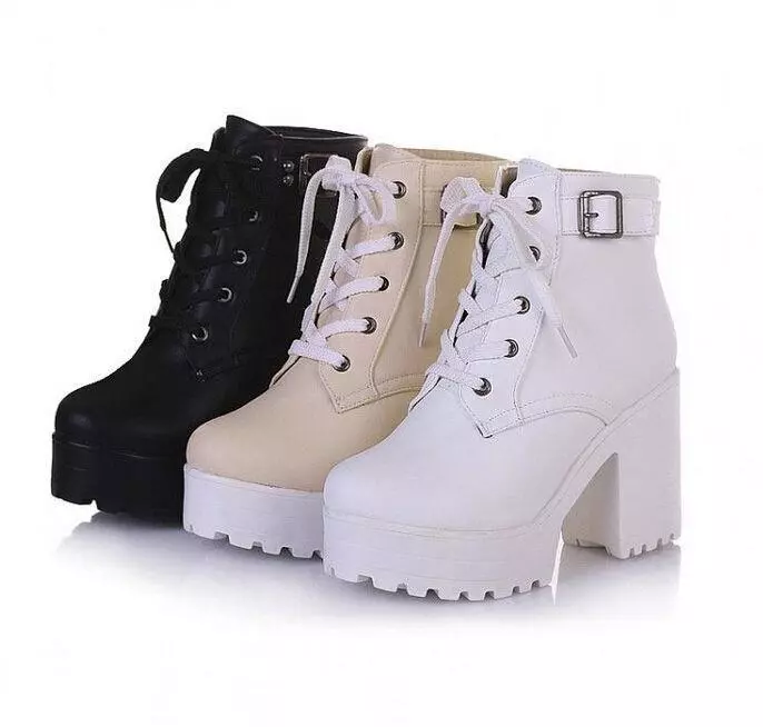 2016 Womens chunky heel platform lace-up punk goth creeper ankle boots  shoes