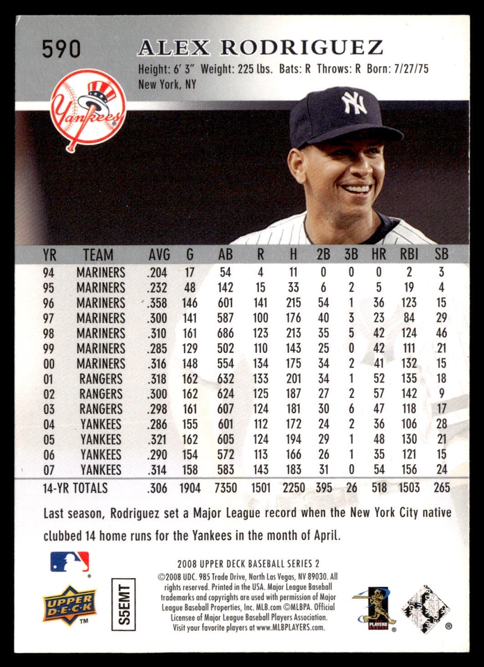 2008 Upper Deck Alex Rodriguez #590 New York Yankees - Image 2 of 2