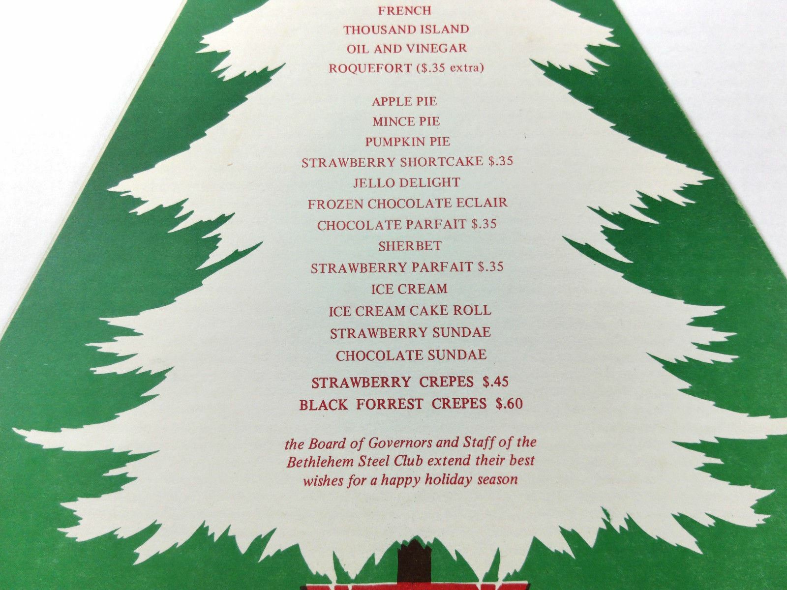 1970's Menu BETHLEHEM STEEL CLUB Golf Restaurant Hellertown