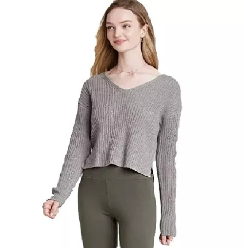 Wild Fable Women's Long Sleeve V-Neck Rib Knit Sweater Pullover Gray M, $15  NWT