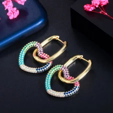 Gold Plated Multicolor Cubic Zirconia Love Heart Charm Dangle Drop Hoop Earrings