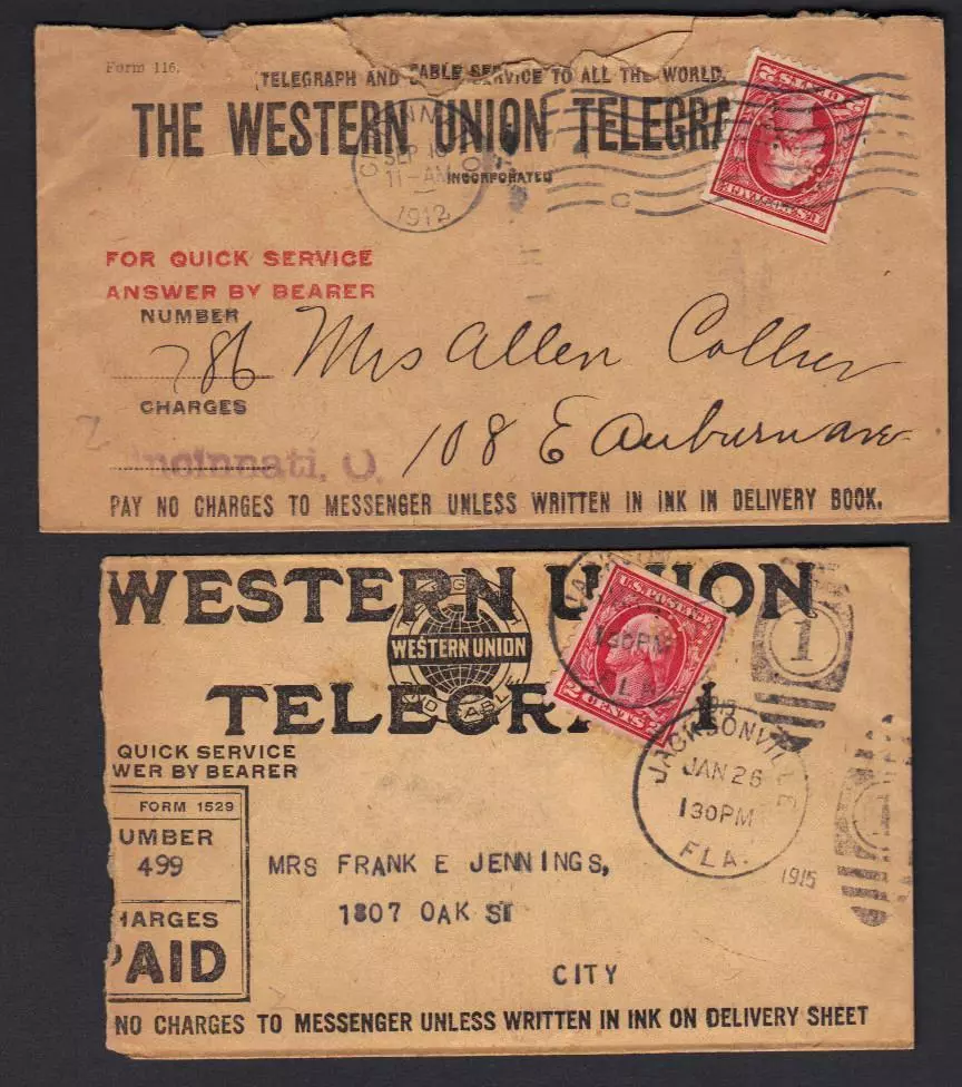 US 1915 TWO WESTERN UNION TELEGRAMS FRANKED 2c WASH PERFINS WU FLORIDA &  OHIO