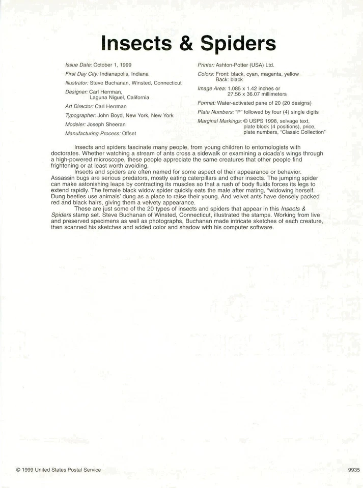 1999 USPS Souvenir 33¢ INSECTS AND SPIDERS SHEET OF 20 #9935  Watermark Archival - Image 2 of 2