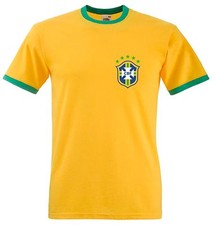 Retro Brazil Ringer T Shirt. Slim fit Brazilian Soccer Football Tee. S to 3XL