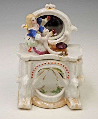 VICTORIAN GERMAN FAIRING BOX PORCELAIN BOX CONTA BOHEME LADY IN FRONT OF  MIRROR