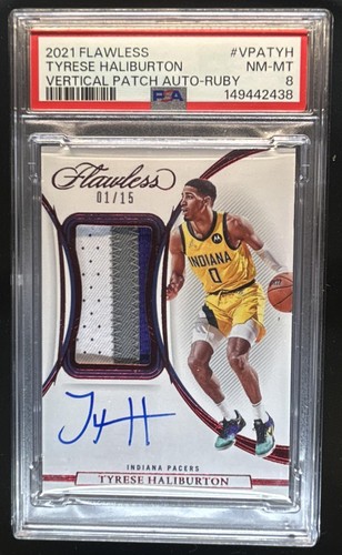 2021-22 Flawless Tyrese Haliburton Vertical Patch Auto Game Used Ruby #/15 PSA 8