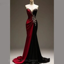 Elegant Black And Red Mermaid Prom Dress Contrast Color Pleats Ruched Long Satin