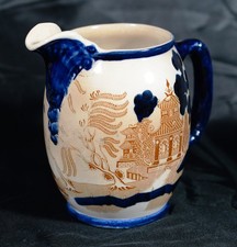 Rare Buffalo pottery antique -Asian willow- pattern pitcher 1907