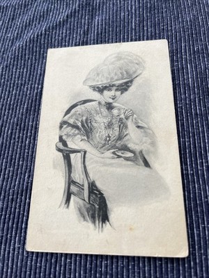 Early 1910 Antique Postcard Pretty Lady Big Hat Drawing Smile Curls Tea Time