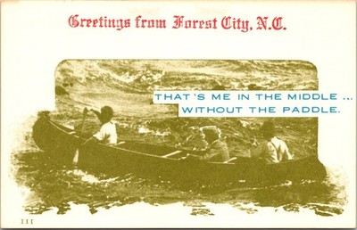 Greetings from Forest City N.C. That's Me Middle Without A Paddle Postcard c1974
