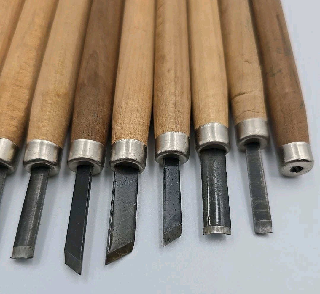 Set of 9, & 1 Handle Vintage Wood Carving Tools Chisel etc. Made