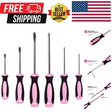 Magnetic Screwdriver Set - 6 Piece Phillips Head and Flat Head Hand Pink Tool...