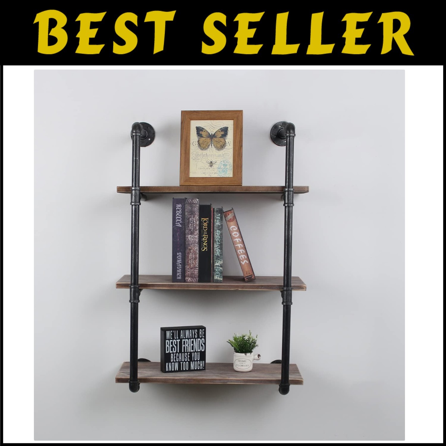 Rustic 3-Tier Floating Shelf with Industrial Pipe Brackets - Easy to Install