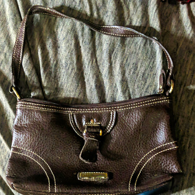 Tommy Hilfiger Brown Pebbled Small Shoulder Bag Logo Gold Hardware Zip Buckle