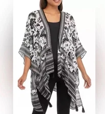 NEW Vince Camuto Parrot Print Ruana Kimono Shawl Sweater Black White / One Size