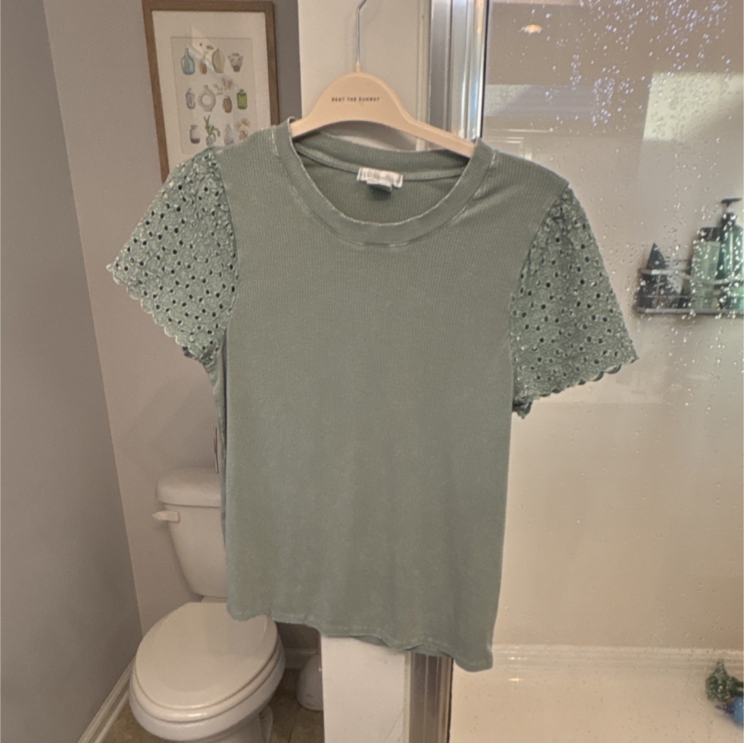 Design History Green Ribbed Knit Eyelet Crew Neck Short Sleeve T-Shirt Size M