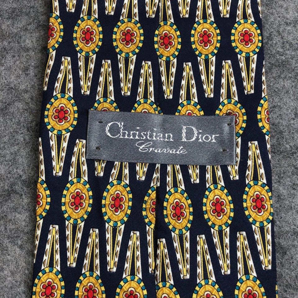 Corbata de seda Dior Cravate para hombre azul amarillo rojo medallón Italia Foto 2 de 4