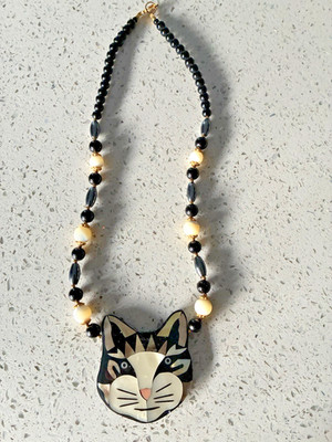 Lee Sands Cat Necklace Mother Of Pearl Shell Vintage Handmade