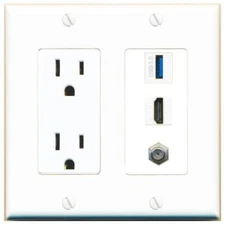 3 Port Power Outlet Cover Plug Jack UL 2 Gang COAX HD USB-3 Wall Plate