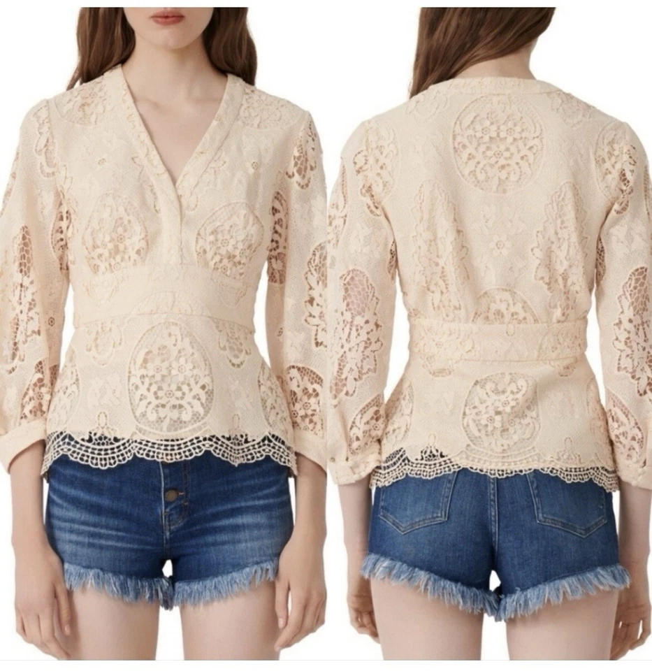 Blusa Top Maje NUDE Para Mujer Crema Lalou Guipur Encaje Talla 2/US Mediana, $295 Nueva Foto 3 de 4